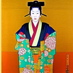 Retrato de cuerpo entero una Samurai vestida con kimono muy guapa y voluptuosa con el estilo de Gustav Klimt