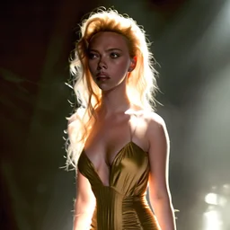 Scarlett Johannson, wearing a gold lame dress with spaghetti straps, standing against a dark background with stage lighting