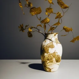 photo of a cracked ceramic vase repaired with gold, kintsugi, beautiful, vines and leaves, rosebuds, delicate, cinematic, high detail, beautiful composition, delicate arrangement, aesthetic, soft lighting, award winning photography, tender