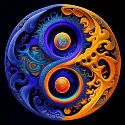 yin-Yang symbol, hyper detailed, photorealistic, hyper detailed, hyper defined, orange, azul, purple, yellow, DMT art