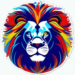 A sticker design in a minimalistic style featuring a caricature lion in vivid colors. The subject is presented alone on a neutral background.