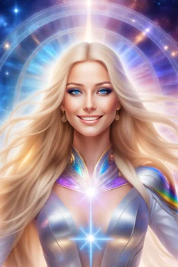cosmic woman smile,beautiful ufos rainbow, admiral from the future, galactic confédération, fine whole face, crystalline skin, expressive blue eyes,rainbow, smiling lips, very nice smile, costume pleiadian, Beautiful tall woman pleiadian Galactic commander, ship, perfect datailed golden galactic suit, high rank, long blond hair, hand whit five perfect detailed finger, amazing big blue eyes, smilling mouth, high drfinition lips, cosmic happiness, bright colors, blue, pink, gold, jewels, realist,