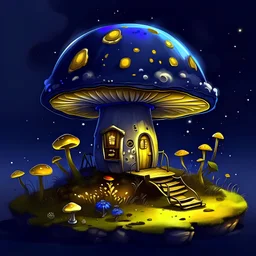 Wonderful spotless mushroom house in space. Floating Island in space. Black, lemon and navy blue colored. fine detail oil painting photo realistic hyper detailed perfect composition trending on artstation.