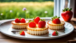 close up three delicates tart cakes filled citrone creme top strawberry, on a nice ceramic plate on a wooden table. professional food photo, Natural, warm sunlight streams in from a window on the left, casting pleasant shadows and creating a cozy, vase with meadow flowers, relaxed morning atmosphere