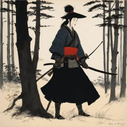 René Gruau's Nomadic samurai female creature at the edge of the wood