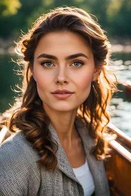 a portrait of beautiful French traveler sits on the boat in the river, bun hair, pointing looking camera tilt chin down ever so slightly, illuminated by a brilliant vivid morning, sharp on focus, natural skin, perfect detailed face and eyes, intricately detailed, photorealistic, medium shot, cinematic, dept of field, Canon EOS 5R, 50mm lens, by paolo roversi, HDR, RAW, ultraHD 8K, cinema 4d, octane render, stock photos