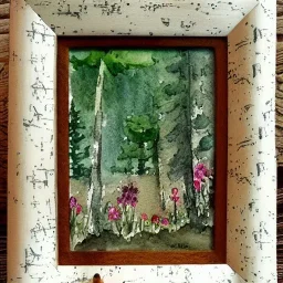 exquisite whimsical woodland watercolor, tiny frame, cute, adorable, linen and wood backdrop