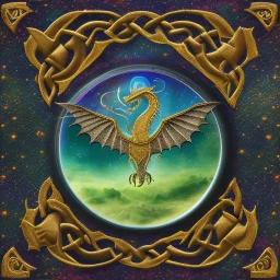 image framed with a thin border of celtic designs, story book cover format, A winged celestial dragon in flight above a forested mountain, against a background of brilliantly glittering stars, hd 4k, fine sharp detail