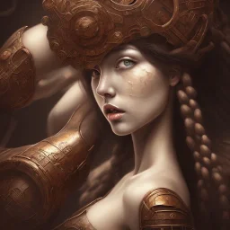 an abstract painting of rusted wood, woman japanese with big breast, big black hair, Viking style, 8K, a Highly detailed stunning full frame portrait, wide-angle view, a realistic face, volumetric lighting, volumetric clouds