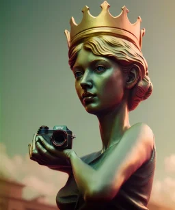 Statue of Queen of photography holding camera in hands. Cute blonde woman. Photographer in golden crown. Standing on the street. Big camera in her hand. hyperdetailed, photorealistic, trending on artstation, greg rutkowski, beksinski, kodachrome, volumetric lighting, gold and cyan