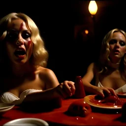 Horror movie shot, spooky, hot, ultra realistic, dine, bones, ultra realistic hot blonde women, party, pieces of meat, organs, ail, dynamic, very excited people, hypermaximalist figures, light, 1970's Italian horror movie, sinister,, Dario Argento, Stanley Kubrik, ornate, 4k, photorealism