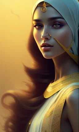 Arab young woman ,Arabic features، cute, beautiful, long hair, wavy hair, black eyes,A tuft of hair on the face,Modest Arabic style dress، head and shoulders portrait, cinematic, 8k, resolution concept art portrait by Greg Rutkowski, Artgerm, WLOP, Alphonse Mucha dynamic lighting hyperdetailed intricately detailed