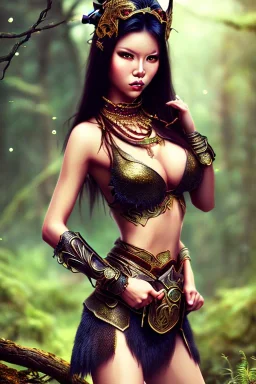 asian milf, brunett hair, warrior princess, forest, nacht, große oberweite, corsage, necklace, fantasy art