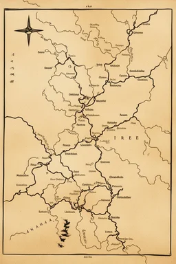 a scan of an ancient Cree Anishinaabe road map, black and white printed map that has been been stained and weathered, text is in a Cree Syllabic font