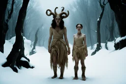 [Pan's Labyrinth (2006)] cavewomen roam the snow-covered lands, unaware of the looming danger that stalks them.Amidst the pristine white landscape, the cavewomen move with a primal grace, their bare skin glistening in the cold winter light. Unbeknownst to them, a huge monster, a creature of unfathomable size and ferocity, prowls the snowy expanse, its monstrous form a stark contrast to the serene beauty of the icy wilderness.