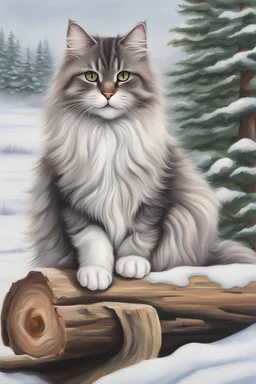 Fluffy cat, long fur, very detailed, big green eyes, realistic, fine art, winter time, snow scene in background, sitting on a log