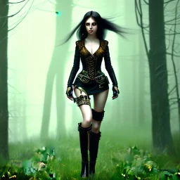 steampunk, dark forest, black hair, long legs, leather clothes