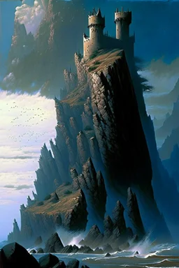 a rocky coast. A long isthmus juts out into the sea. the isthmus slopes upwards. on top of the isthmus there is a large castle. dramatic. style of Michael Whelan.