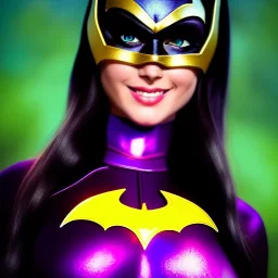 ultra detailed fullbody portrait of beautiful busty Batgirl DC Universe, wearing skintight costume, extremely detailed digital painting, intrincate, extremely detailed smiling face,crystal clear Big Green eyes, in the style of adam hughes , mystical colors , perfectly centered image, perfect composition, rim light, beautiful lighting,8k, stunning scene, raytracing