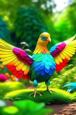 an imaginary colorfully bird with big wings in a real world garden