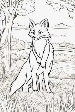 kids coloring page, fox in a field, cartoon style, thick lines, low detail, no shading