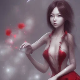 Japonesa hitomi Tanaka sozinha, vestido vermelho, rosto muito detalhado, rosto realista, perfil, realista, efeito névoa, particulas