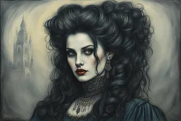 create full body oil pastel of a dark haired, savage, ornately dressed, gothpunk vampire girl with highly detailed , sharply defined hair and facial features , in a foggy 19th century Moscow, in the style of JEAN-FRANCOIS MILLET