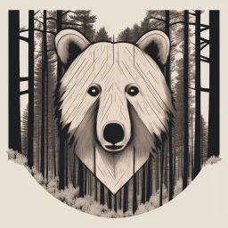 M shaped bear head combined with woods silhouette in backround, letterpress style, minimalistic clean illustration