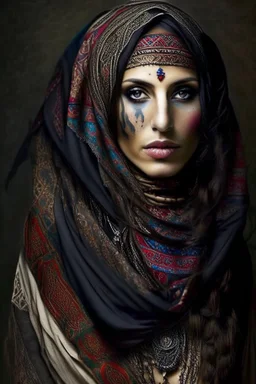 full-body photo of A beautiful Russian Gypsy-woman, middle-eastern, tattoo on face , veil, gypsy scarf