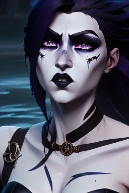 A beautiful Goth girl, dark black makeup, dark under eyes, white hair, action image of her braking water surface, freedom, dramatic, highly detailed, 8k, abstract