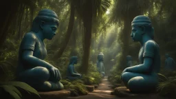 In the heart of the dense jungle, towering palm trees sway in the breeze, their lush green leaves casting dappled sunlight on ancient blue statues hidden among the foliage. These mysterious figures, weathered by time, seem to whisper secrets of a long-forgotten civilization.