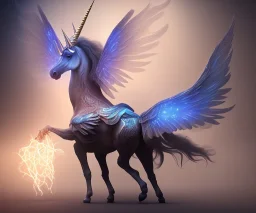 realistic, surrealism, surreal unicorn with glowing wings, glowing soft and smooth wings, shadow, abstract surreal fantasy art, highly detailed, intricate patterns on wings, soft studio lighting, smooth dark blue background 64k