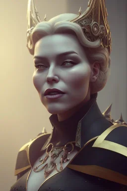 Hannah Waddingham as evil queen in black leather, busty, cleavage, dominatrix, curvy, angry, stern look. character design by cory loftis, fenghua zhong, ryohei hase, ismail inceoglu and ruan jia. unreal engine 5, artistic lighting, highly detailed, photorealistic, fantasy