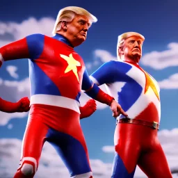 Realistic image of Donald trump super hero, retro style, watchmen style, red white blue colors, white stars, suspenders, latex material, 80s, vibrant color, highly detailed, sky background, concept art, unreal engine 5, god rays, ray tracing, RTX, lumen lighting, ultra detail, volumetric lighting, 3d, finely drawn, high definition, high resolution.