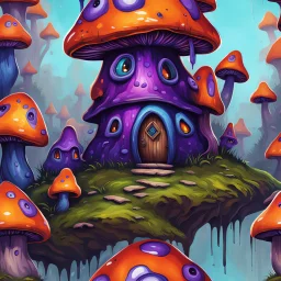 A weird mushroom house with drippy spots and eyeballs on a chunk of floating land. black purple blue orange. Detailed gloss Painting, rich color, fantastical, intricate detail, splash screen, hyperdetailed, insane depth, concept art, 8k resolution, trendi