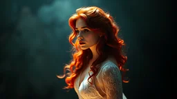 Photoreal ultra godlike gorgeous and beautiful, radiant goddess of love and beauty with red wavy hair dressed in an intricate transparant white dress hovering in the darkness by lee jeffries, otherworldly creature, in the style of fantasy movies, shot on Hasselblad h6d-400c, zeiss prime lens, bokeh like f/0.8, tilt-shift lens 8k, high detail, smooth render, unreal engine 5, cinema 4d, HDR, dust effect, vivid colors