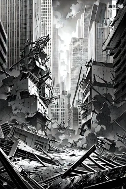 hiroshima nuclear bomb, city destruction. manga page, greyscale