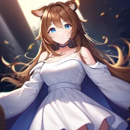 Clear focus, High resolution, Long fluffy brown hair, blue eyes, wearing a white skirt, detailed outfit, wearing a jacket oversized off shoulder, rough line, hair above ears, dog ears, off shoulder white shirt