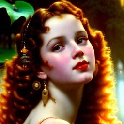 Hyperdetailed oil on canvas, young robyn lively by an ornate fountain, goldfish pond, lotus, detailed face, long muti-hued red curly hair; by gaspar camps, maxfield parrish, alphonse mucha, cyril rolando, dan mumford; luminous colorful sparkles, glitter, airbrush, octane render, volumetric lighting, 16k