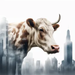 fotografía en doble exposicion de una vaca y un perfil de ciudad metropolis, foco nítido, fondo blanco