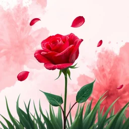 A Realistic Beautiful Red Rose With Pink Petals Whirling In Air, Green Grass On Abstract Light Pink And Maroon Ink Background.