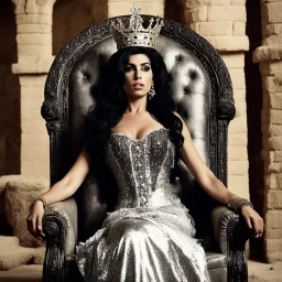 [vintage style noisy scratches glitches, Shot the texture and then rewound the film and double exposed the face] Amy Winehouse as the Queen of Judea in Jerusalem, on her throne in agent provocateur with no inhibition