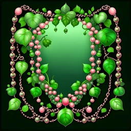 Create an Artwork of a Mirror with ivy branches and pearls necklace, Like a creative Logo for a Varasity Jacket, illustration. Colors should be pink and green