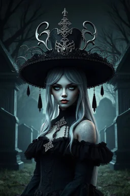Create me headshot from Arcane as a gothic girl she has a hat majestic, highly intricate gigantic, standing in front of cemetery crypts behind her Realistic photography, incredibly detailed, ultra high resolution, 8k, complex 3d render, cinema 4d.