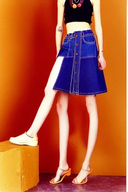 year 1996 denim fashion. Loose skirt, low waist. Colors: denim blue, blue, purple, cream, khaki, light green, lilac, plum, orange, terracotta, red, light yellow, lion yellow, pink, dark blue, beige. Gwen Stephani