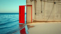 A bright red door is partially open, set against a backdrop of calm blue ocean waters and a sandy beach. The wall around the door is weathered and peeling, with exposed concrete and some electrical wires visible. The scene has a tranquil yet surreal quality, with gentle waves lapping at the shore and hints of sunlight illuminating the area. Beachfront surreal distant photo, archival pigment print, minimal composition, serene vibe, amazing reflections, liminal space, liminal vibe, unnerving