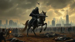 cyberpunk interpretation of Bruegel's "The Triumph of Death", capturing the symbolic "harvest" of humanity. this is terror. A dystopian metropolis under smog sky, where cybernetic grim reapers are executing physical harvest. Many of humans citizens killed an army of cyberwarrior androids and robots, panicking people, many bodies lying on the ground. In the foreground, a cyber-death warrior in black hood with futuristic gun, on a mechanical horse, thriller