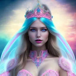 beautiful, soft, big smile face, whole head, long straight blonde hair blues eyes, crown on the head, clothing in transparent bluish and pink veil,fairy wings on the back, background brillante bluish and pink, hight definition, 8K