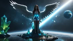 angels with a beautiful face with a wings siting on the monolith made of blue tiberium crystals of lights, matrix universe, planets on the back grounds, green crystals of tiberium on the life and right