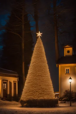 ILLUMINATED CHRISTMAS TREE AT THE CENTER OF THE VILLAGE AT NIGHT